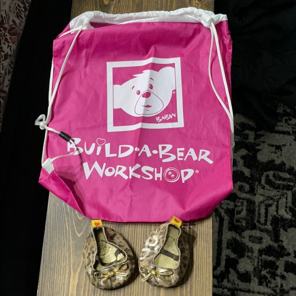 Kids Build a bear backpack and leopard print shoe